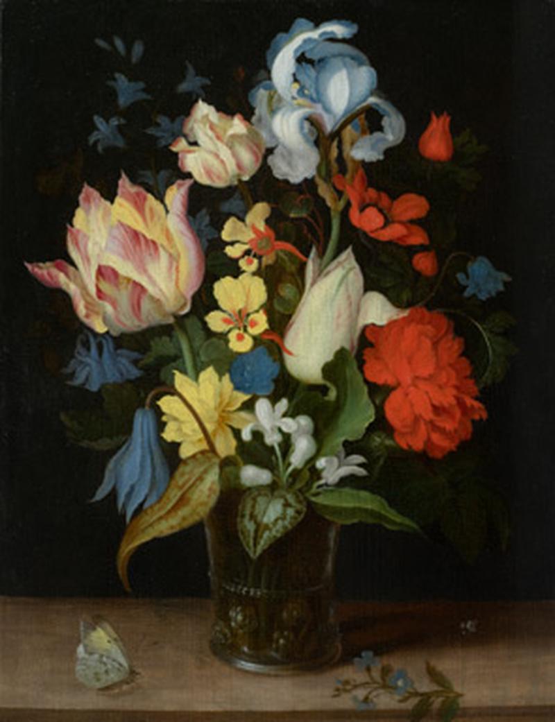 Flowers in a Glass Vase on a Table with Butterfly label QS:Len,"Flowers in a Glass Vase on a Table with Butterfly"