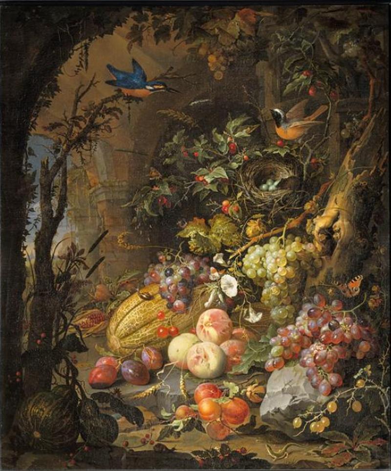 Flowers, fruits, birds and insects in a landscape with ruins label QS:Len,"Flowers, fruits, birds and insects in a landscape with ruins"
