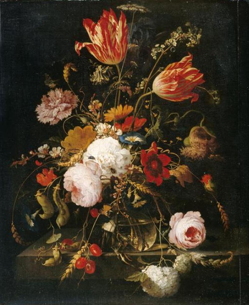 French: Fleurs dans une carafe de cristal, avec une branche de pois et un escargot Flowers in a glass vase on a stone ledge label QS:Lfr,"Fleurs dans une carafe de cristal avec une branche de pois et un escargot" label QS:Len,"Flowers in a glass vase on a stone ledge"