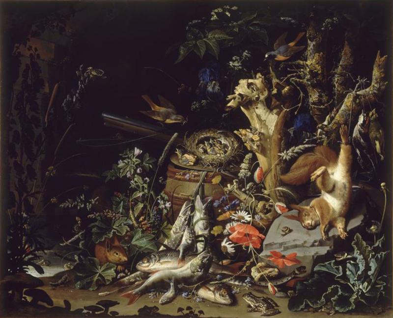 Forest floor still life with bird's nest and fish label QS:Len,"Nest of finches, fish, reptiles and a dead squirrel on a forest floor"