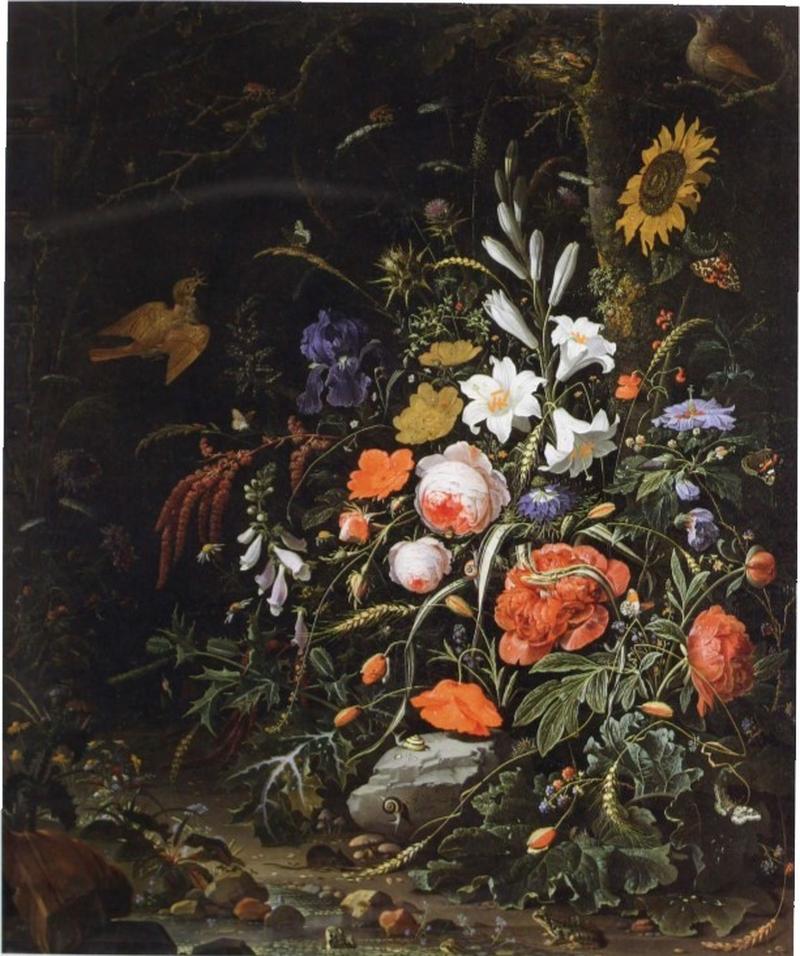 Roses, lilies, foxgloves and other flowers with birds and insects, frogs and a mouse by a woodland stream label QS:Len,"Roses, lilies, foxgloves and other flowers with birds and insects, frogs and a mouse by a woodland stream"