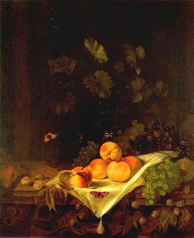 Still Life with Peaches and Grapes label QS:Lnl,"Stilleven met perziken en druiven." label QS:Len,"Still life with peaches and grapes."