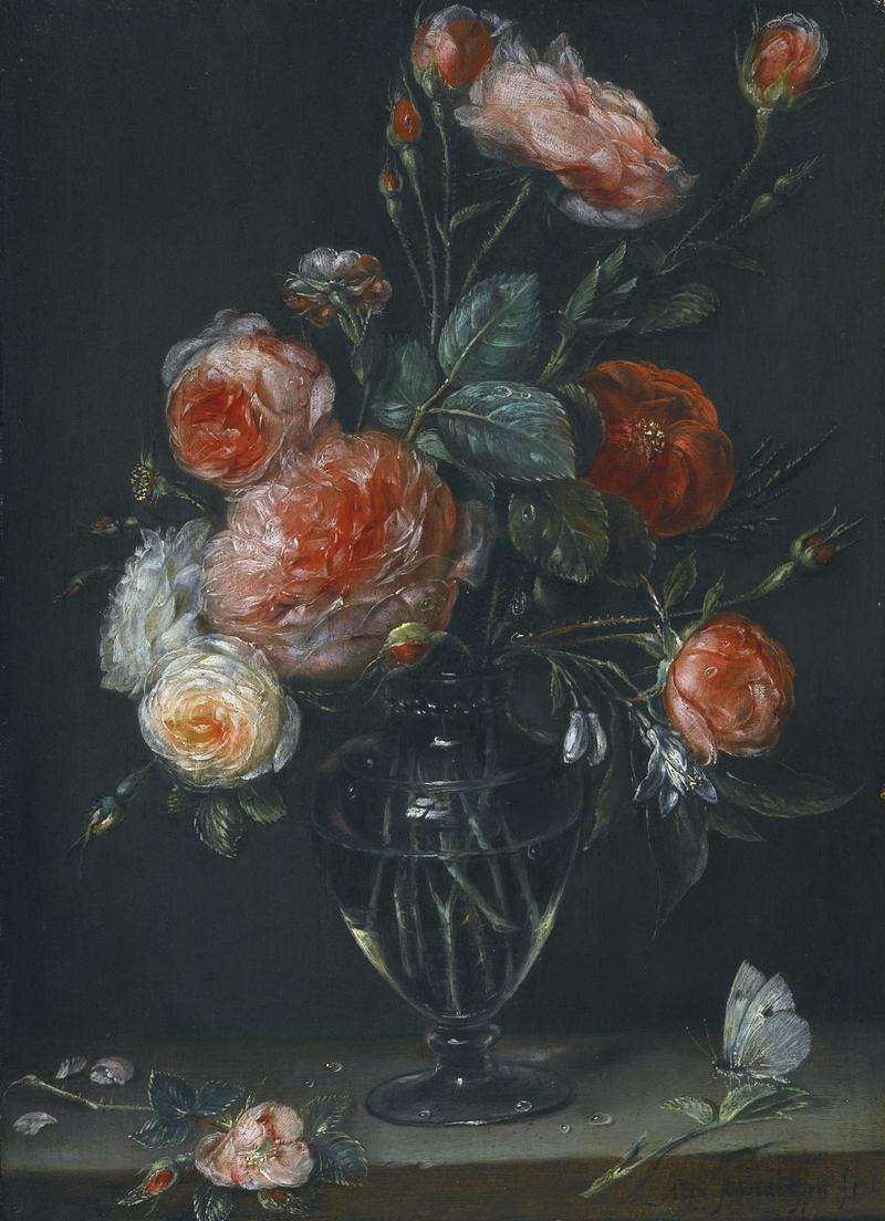 Still life of roses in a glass jar on a stone ledge with a butterfly label QS:Len,"Still life of roses in a glass jar on a stone ledge with a butterfly "