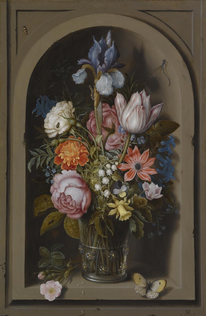 A still life of flowers in a glass beaker set in a marble niche