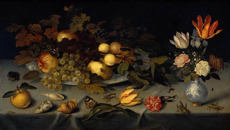 Still Life with Fruit and Flowers label QS:Len,"Still Life with Fruit and Flowers" label QS:Lnl,"Stilleven met vruchten en bloemen"