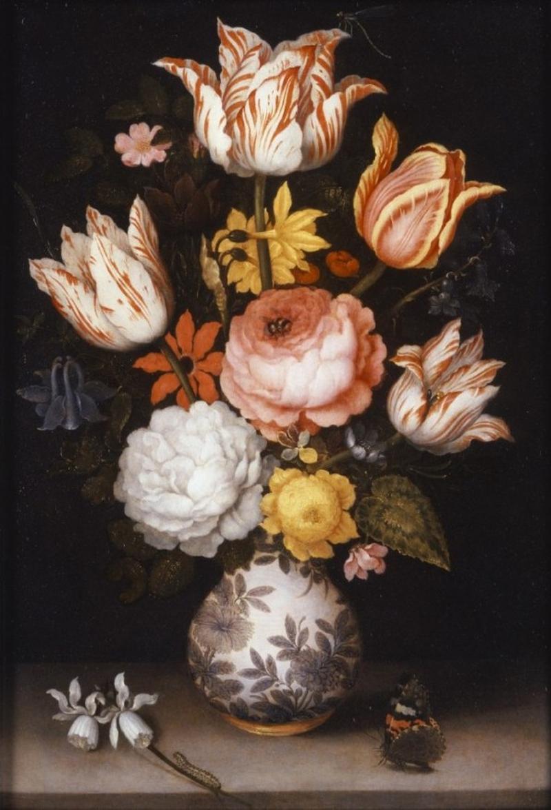 Dutch: Bloemen in een Wan Li-vaas, geflankeerd door een narcis en een vlinder, op een stenen plint Still Life with Flowers in a Porcelain Vase label QS:Len,"Still Life with Flowers in a Porcelain Vase"