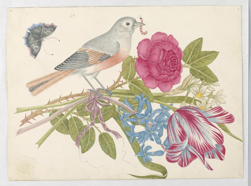 Grey and Coral Bird on Bouquet with Rose, Tulip, Daisies, and Forget-Me-Nots, with Butterfly