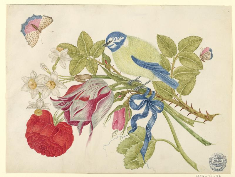 Yellow-and-Blue Bird on Bouquet with Rose, Tulips, and Daffodils, with Butterflies