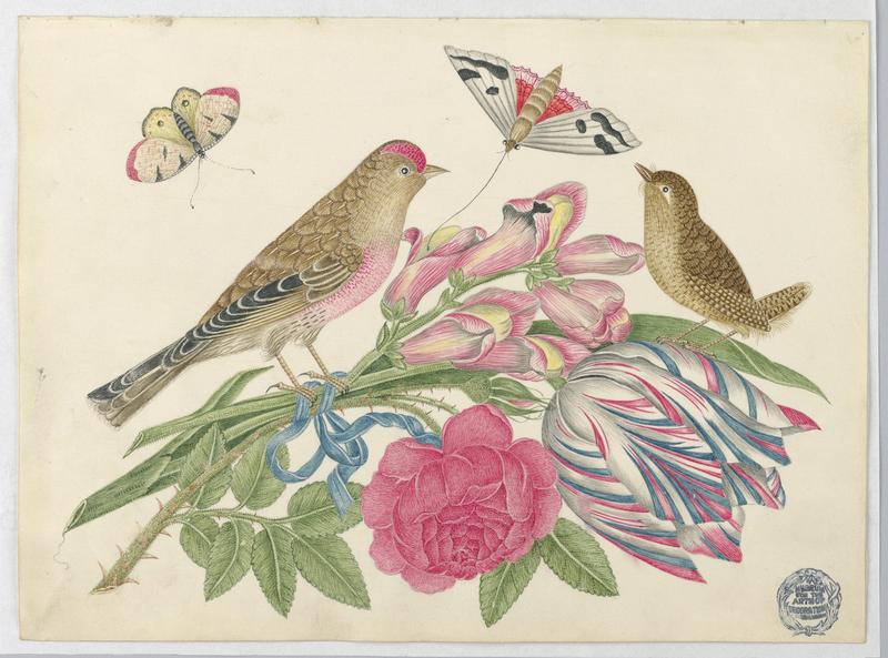 Pair of Brown Birds on Bouquet with Tulip, Rose, and Snapdragons, with Butterflies