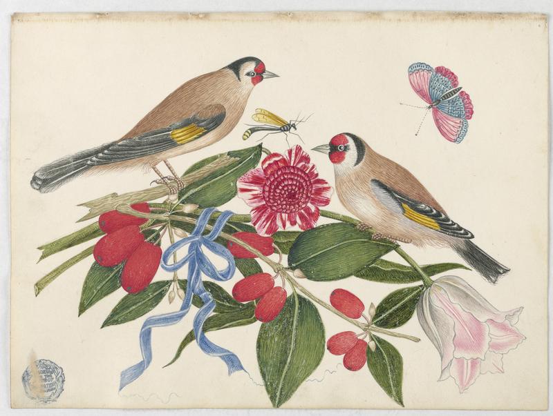 Pair of Brown Birds with Blossoms, Berries, and a Butterfly