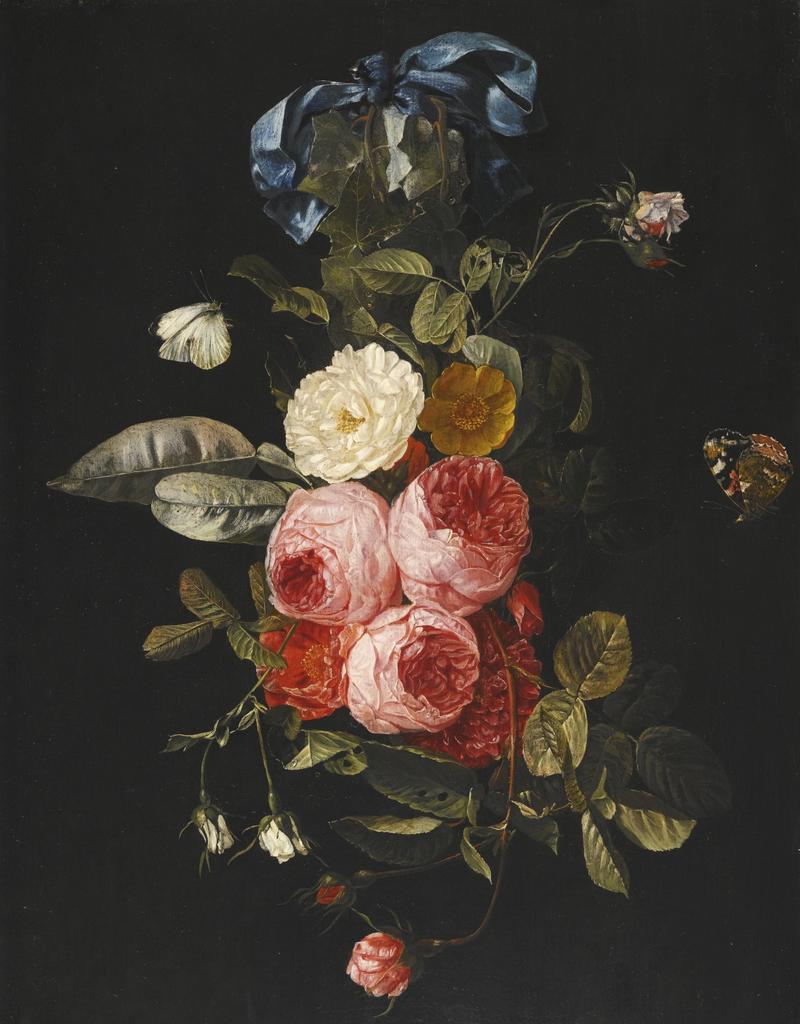 Still life of pink, yellow and white roses hanging from a blue ribbon with a red admiral and a cabbage white