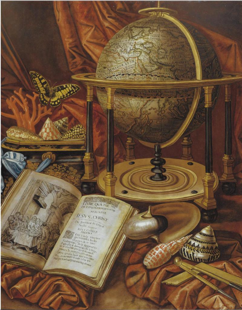 Still life with a globe, books, shells and corals resting on a stone ledge title QS:P1476,en:"Still life with a globe, books, shells and corals resting on a stone ledge" label QS:Len,"Still life with a globe, books, shells and corals resting on a stone ledge"