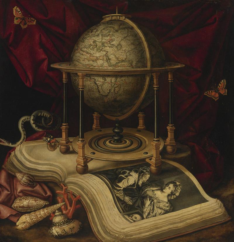 Vanitas Still Life with Celestial Globe, a Book, Shells, a Snake and Butterflies title QS:P1476,en:"Vanitas Still Life with Celestial Globe, a Book, Shells, a Snake and Butterflies" label QS:Len,"Vanitas Still Life with Celestial Globe, a Book, Shells, a Snake and Butterflies"