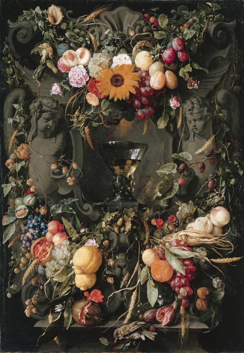 German: Frucht- und Blumengehänge Cartouche with fruit and flowers and wine glass title QS:P1476,de:"Frucht- und Blumengehänge " label QS:Lde,"Frucht- und Blumengehänge " label QS:Len,"Cartouche with fruit and flowers and wine glass"