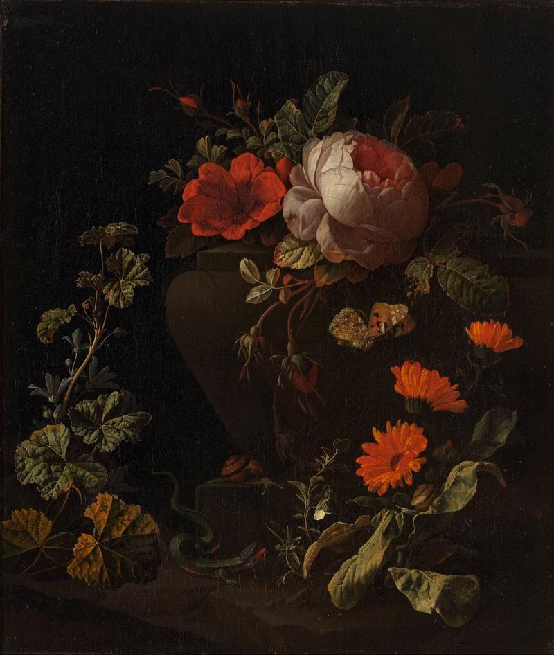Dutch: Bloemen bij een balustrade Flowers near a Balustrade label QS:Len,"Flowers near a Balustrade" label QS:Lnl,"Bloemen bij een balustrade"