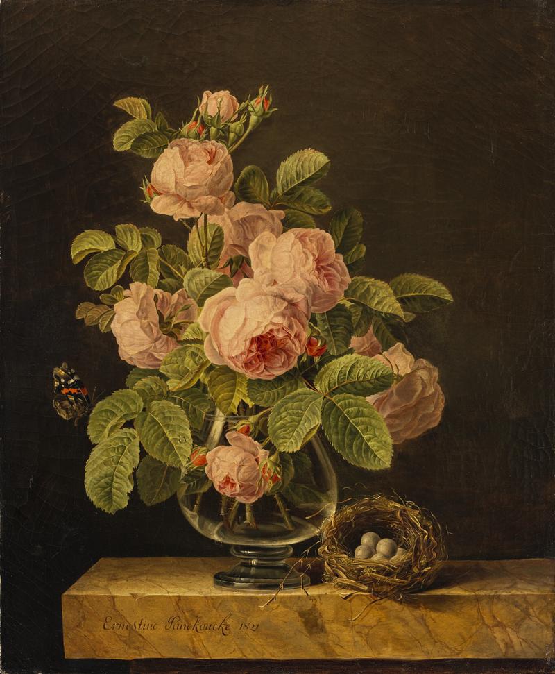 Ernestine Panckoucke - A vase of roses with a butterfly and a nest on a ledge