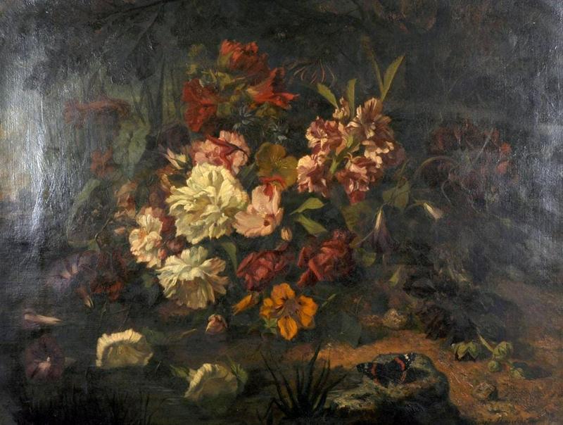 Still Life with Mixed Flowers and Butterfly label QS:Len,"Still Life with Mixed Flowers and Butterfly" label QS:Les,"Naturaleza muerta con flores variadas y mariposa"