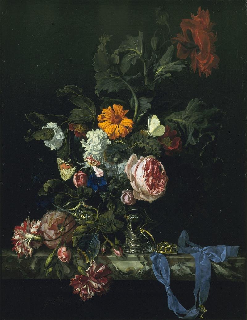 Flower Still Life with a Timepiece title QS:P1476,en:"Flower Still Life with a Timepiece " label QS:Len,"Flower Still Life with a Timepiece " label QS:Lit,"natura morta floreale con orologio" label QS:Lfr,"Nature morte aux fleurs avec une montre" label QS:Luk,"Квіти в срібній вазі" label QS:Lnl,"Bloemstilleven met horloge" label QS:Lde,"Blumenstilleben mit Uhr" label QS:Lhy,"Ծաղիկներով նատյուրմորտ ժամացույցի հետ"