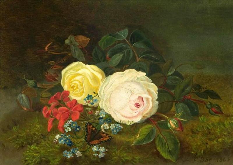 Frants Bøe - Blomster og sommerfugl, 1865