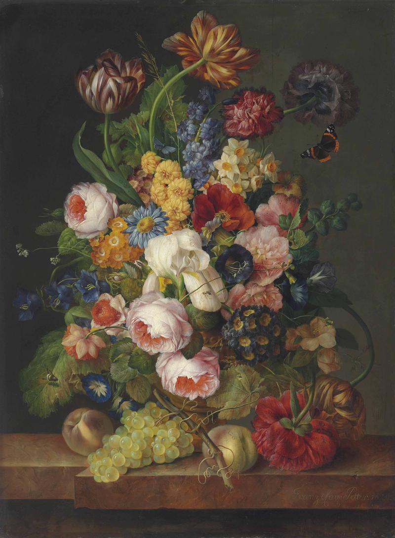 German: Rosen, Papageientulpen und Iris, Narzissen, Pfingstrosen, Winde und andere Blumen mit einem Admiral, einer Biene und anderen Insekten in einer geschnitzten Urne mit Pfirsichen und Weintrauben auf einem Marmorsims Roses, parrot tulips, and iris, daffodils, peonies, morning-glory and other flowers with a Red Admiral, a bee and other insects in a sculpted urn with peaches and grapes on a marble ledge title QS:P1476,de:"Rosen, Papageientulpen und Iris, Narzissen, Pfingstrosen, Winde und andere Blumen mit einem Admiral, einer Biene und anderen Insekten in einer geschnitzten Urne mit Pfirsichen und Weintrauben auf einem Marmorsims " label QS:Lde,"Rosen, Papageientulpen und Iris, Narzissen, Pfingstrosen, Winde und andere Blumen mit einem Admiral, einer Biene und anderen Insekten in einer geschnitzten Urne mit Pfirsichen und Weintrauben auf einem Marmorsims " label QS:Len,"Roses, parrot tulips, and iris, daffodils, peonies, morning-glory and other flowers with a Red Admiral, a bee and other insects in a sculpted urn with peaches and grapes on a marble ledge"