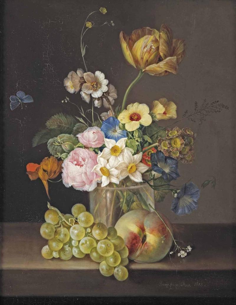 German: Eine Tulpe, Rosen, Narzissen, Prunkwinde und andere Blumen in einer Glasvase, dazu weiße Weintrauben, ein Pfirsich und ein Schmetterling A tulip, roses, daffodils, morning glory and other flowers in a glass vase, with white grapes, a peach and a butterfly title QS:P1476,de:"Eine Tulpe, Rosen, Narzissen, Prunkwinde und andere Blumen in einer Glasvase, dazu weiße Weintrauben, ein Pfirsich und ein Schmetterling " label QS:Lde,"Eine Tulpe, Rosen, Narzissen, Prunkwinde und andere Blumen in einer Glasvase, dazu weiße Weintrauben, ein Pfirsich und ein Schmetterling " label QS:Len,"A tulip, roses, daffodils, morning glory and other flowers in a glass vase, with white grapes, a peach and a butterfly"