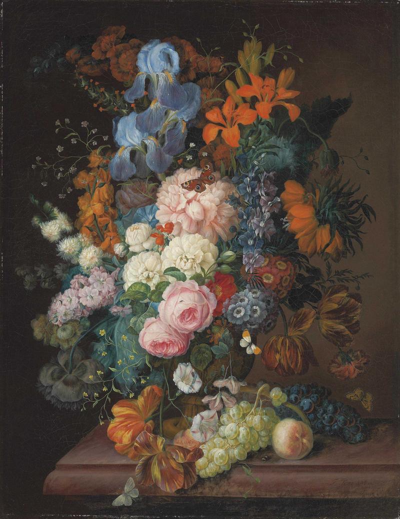 German: Rosen, Pfingstrosen, Schwertlilien, Veilchen und andere Blumen in einer Terrakotta-Vase sowie Weintrauben und ein Pfirsich auf einem Tisch Roses, peonies, irises, violets, and other blooms in a terracotta urn, with grapes and a peach on a table title QS:P1476,de:"Rosen, Pfingstrosen, Schwertlilien, Veilchen und andere Blumen in einer Terrakotta-Vase sowie Weintrauben und ein Pfirsich auf einem Tisch " label QS:Lde,"Rosen, Pfingstrosen, Schwertlilien, Veilchen und andere Blumen in einer Terrakotta-Vase sowie Weintrauben und ein Pfirsich auf einem Tisch " label QS:Len,"Roses, peonies, irises, violets, and other blooms in a terracotta urn, with grapes and a peach on a table"