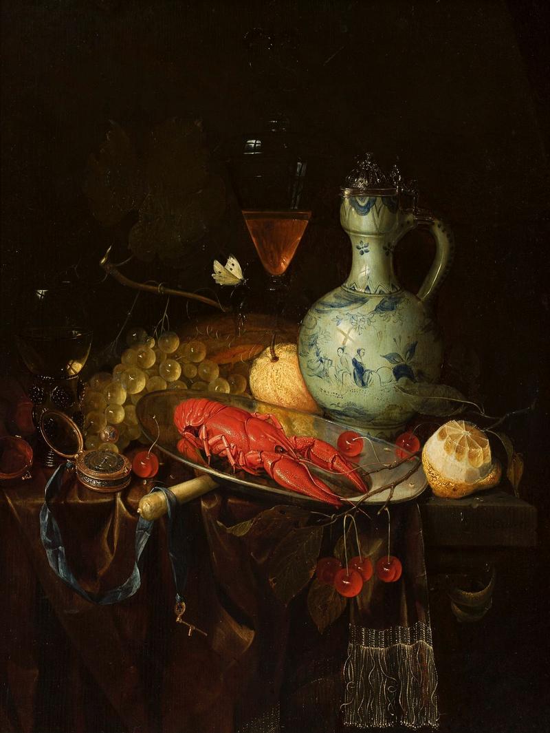 Sumptuous still life with a watch label QS:Lfr,"Nature morte avec un homard." label QS:Lpl,"Martwa natura z homarem." label QS:Len,"Still life with a lobster."