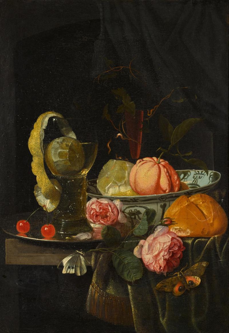 Gillis van Hulsdonck - Still life of a clementine and peeled lemon in a porcelain bowl