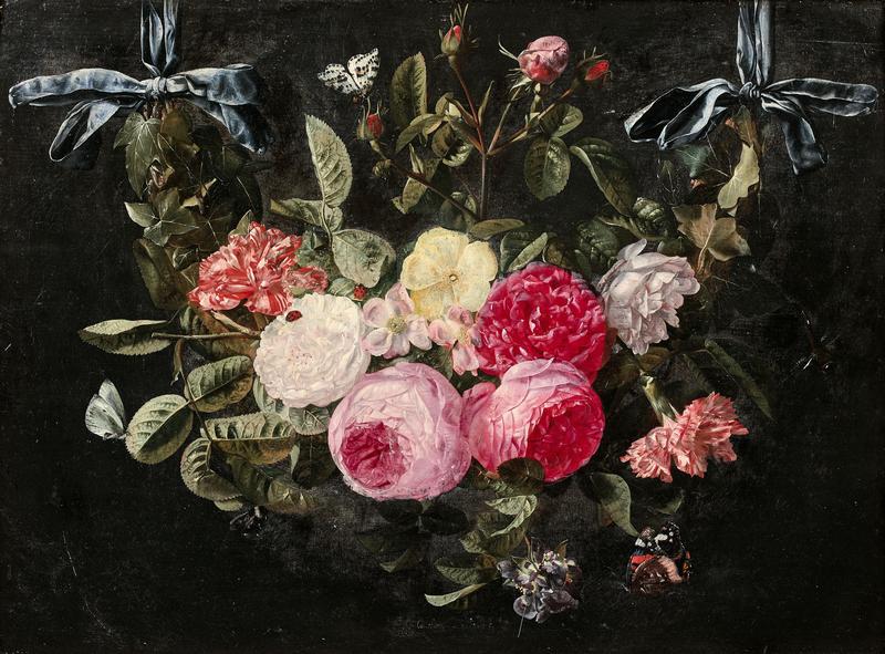 Guirlande de roses et oeillets retenue par un ruban, coccinelles et papillons - Carstian LUYCKX