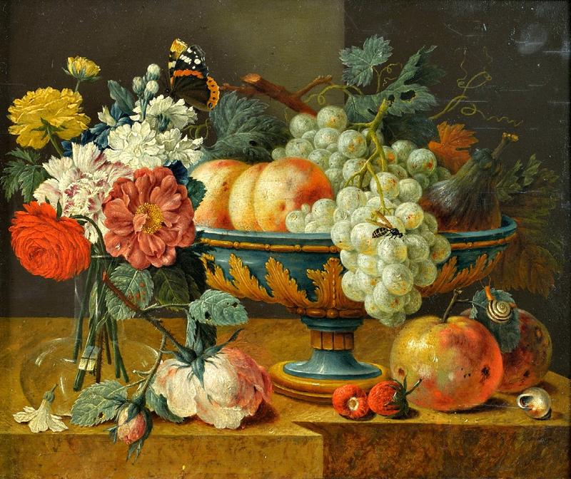 Fruit bowl with flowers. label QS:Len,"Fruit bowl with flowers." label QS:Lpl,"Patera z owocami i kwiaty."