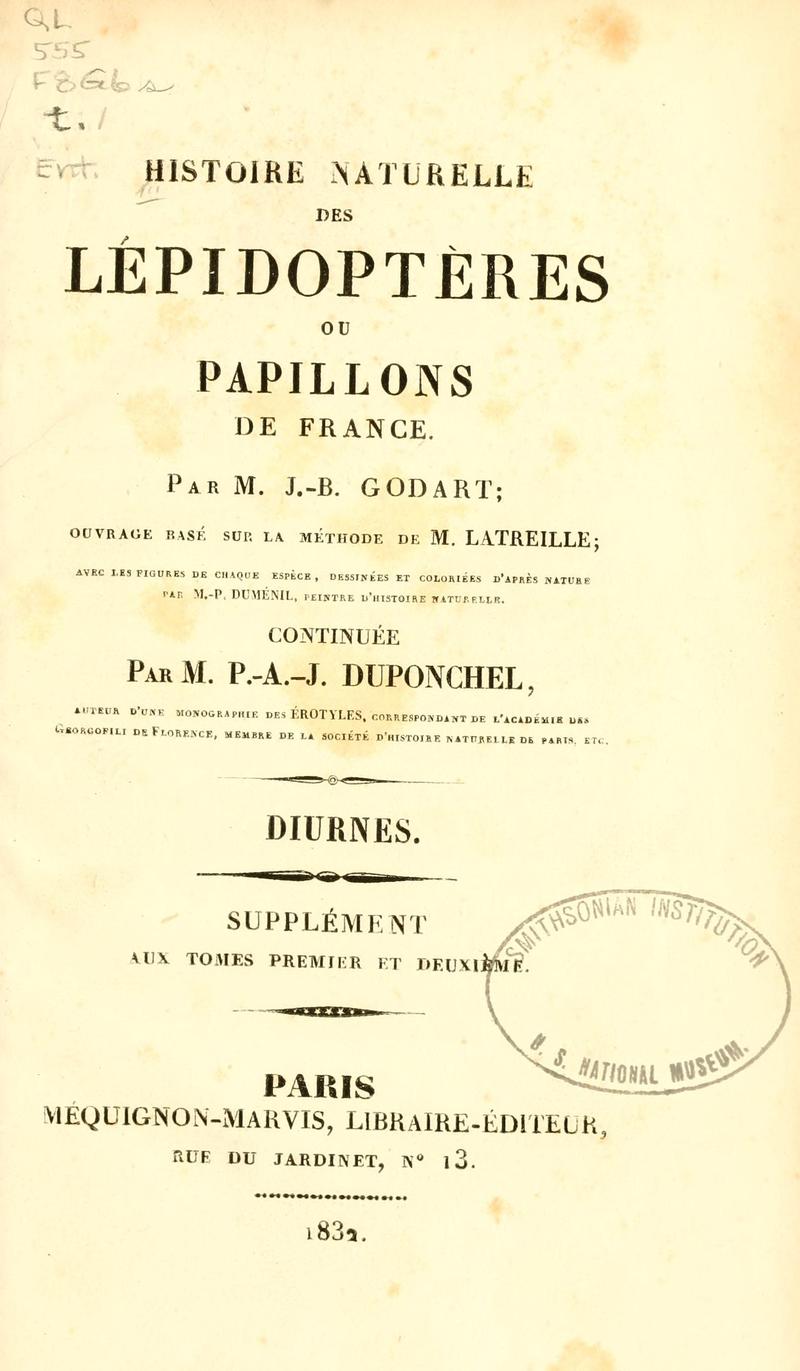 Histoire naturelle des lépidoptères ou papillons de France, par M. J.-B. Godart BHL9820320
