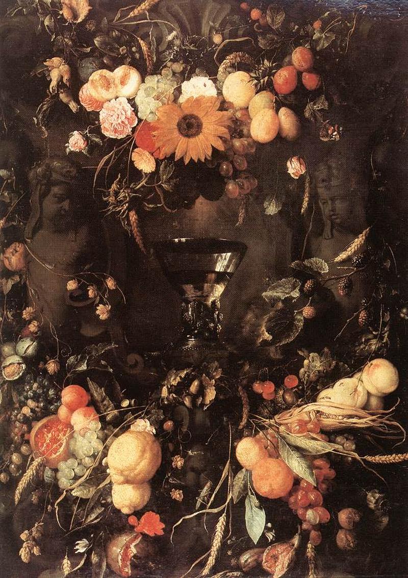 Früchte- und Blumenkartusche mit Weinglas