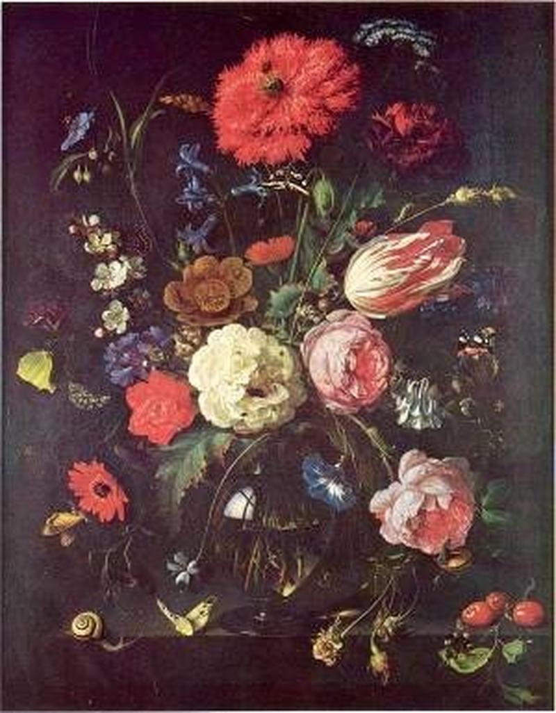 Still life of flowers in a glass vase upon a stone ledge label QS:Len,"Still life of flowers in a glass vase upon a stone ledge" label QS:Lpl,"Wazon z kwiatami."