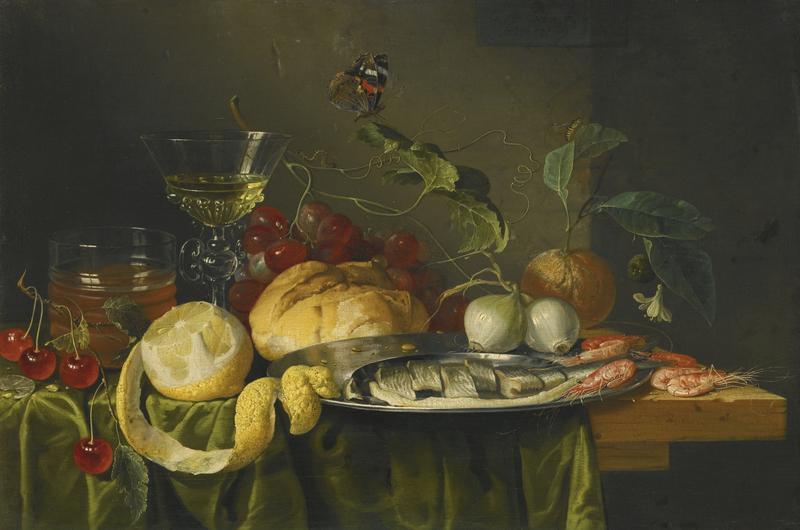 Herring and Onions, with a Glass of Beer, Glass of Wine, Lemon, Grapes and Orange label QS:Len,"Herring and Onions, with a Glass of Beer, Glass of Wine, Lemon, Grapes and Orange"