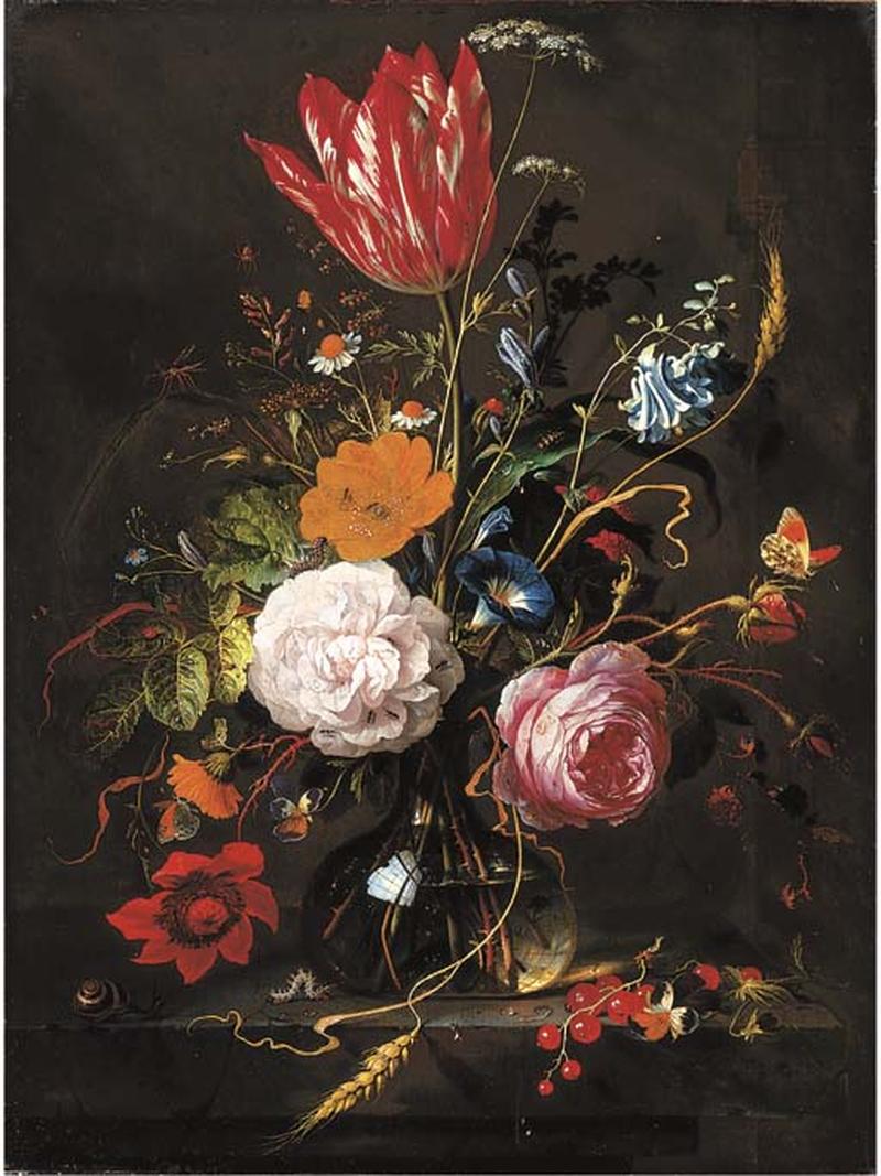 Roses, tulip, poppy, daisies, violets, morning glory, forget-me-nots, blackberries, ears of corn and other flowers with insects, in a glass vase