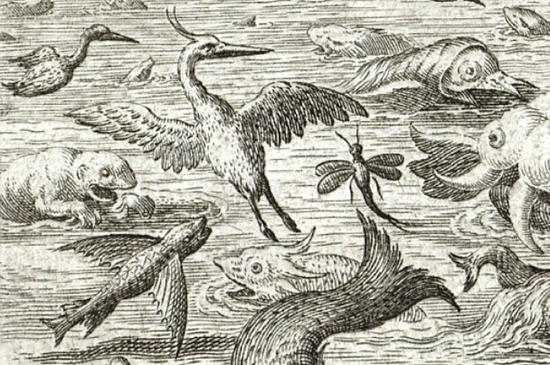 Jan Sadeler after Maarten de Vos Heron Mayfly Flying Fish 1587