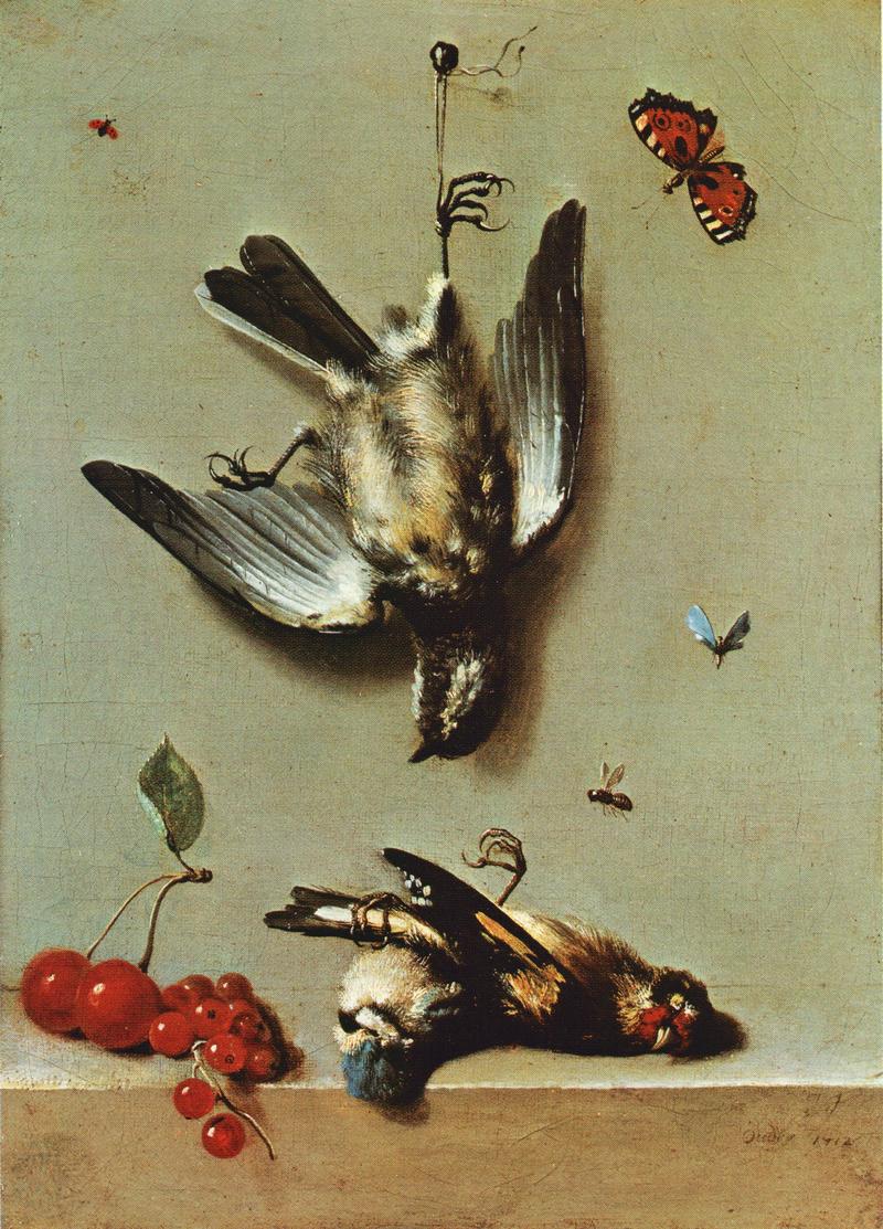 Nature morte avec trois oiseux morts, des groseilles, des cerises et des insectes