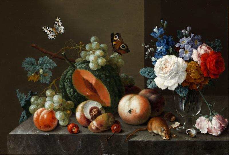 German: Blumen und Früchte auf einer steinernen Plinthe mit Schmetterlingen und Mäusen Flowers and fruits on a stone ledge with butterflies and mice title QS:P1476,de:"Blumen und Früchte auf einer steinernen Plinthe mit Schmetterlingen und Mäusen" label QS:Lde,"Blumen und Früchte auf einer steinernen Plinthe mit Schmetterlingen und Mäusen" label QS:Len,"Flowers and fruits on a stone ledge with butterflies and mice"