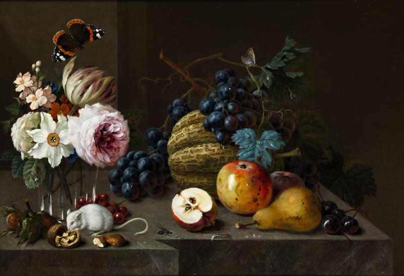 German: Blumen und Früchte auf einer steinernen Plinthe mit Schmetterlingen und Mäusen Flowers and fruits on a stone ledge with butterflies and mice title QS:P1476,de:"Blumen und Früchte auf einer steinernen Plinthe mit Schmetterlingen und Mäusen" label QS:Lde,"Blumen und Früchte auf einer steinernen Plinthe mit Schmetterlingen und Mäusen" label QS:Len,"Flowers and fruits on a stone ledge with butterflies and mice"