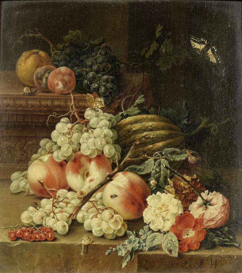 A melon, peaches and grapes on a stone ledge with snails label QS:Len,"A melon, peaches and grapes on a stone ledge with snails" label QS:Lde,"Eine Melone, Pfirsiche und Trauben auf einem Sims mit Schnecken"