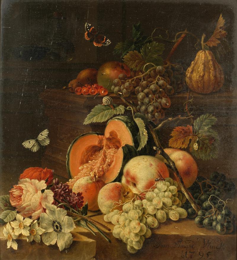 German: Eine Melone, Pfirsiche und Weintrauben auf einem Steinsims mit Schnecken A melon, peaches and grapes on a stone ledge with snails title QS:P1476,de:"Eine Melone, Pfirsiche und Weintrauben auf einem Steinsims mit Schnecken" label QS:Lde,"Eine Melone, Pfirsiche und Weintrauben auf einem Steinsims mit Schnecken" label QS:Len,"A melon, peaches and grapes on a stone ledge with snails"