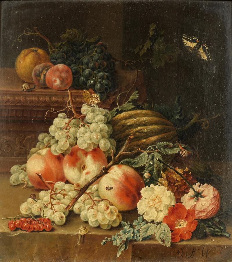 German: Eine angeschnittene Melone, Pfirsiche, Weintrauben und verschiedene Blumen auf einem Steinsims A split melon, peaches, grapes and various flowers on a stone ledge title QS:P1476,de:"Eine angeschnittene Melone, Pfirsiche, Weintrauben und verschiedene Blumen auf einem Steinsims" label QS:Lde,"Eine angeschnittene Melone, Pfirsiche, Weintrauben und verschiedene Blumen auf einem Steinsims" label QS:Len,"A split melon, peaches, grapes and various flowers on a stone ledge"