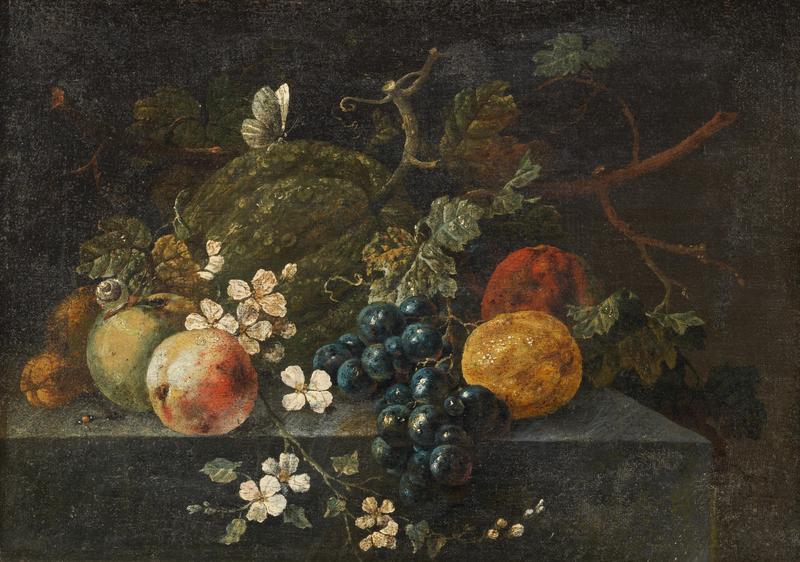 German: Eine Melone, Weintrauben, eine Zitrone und verschiedene Früchte auf einem Steinsims mit Jasmin und verschiedenen Insekten A melon, grapes, a lemon and various fruit on a stone ledge with jasmine and various insects title QS:P1476,de:"Eine Melone, Weintrauben, eine Zitrone und verschiedene Früchte auf einem Steinsims mit Jasmin und verschiedenen Insekten" label QS:Lde,"Eine Melone, Weintrauben, eine Zitrone und verschiedene Früchte auf einem Steinsims mit Jasmin und verschiedenen Insekten" label QS:Len,"A melon, grapes, a lemon and various fruit on a stone ledge with jasmine and various insects"