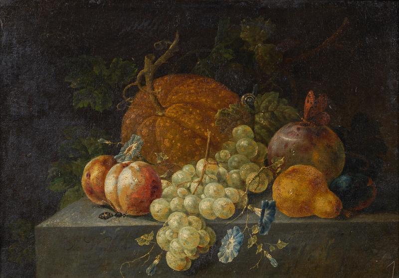 German: Eine Melone, Weintrauben, Pfirsiche und andere Früchte auf einem Steinsims mit Prunkwinde und verschiedenen Insekten A melon, grapes, peaches and other fruit on a stone ledge with morning glory and various insects title QS:P1476,de:"Eine Melone, Weintrauben, Pfirsiche und andere Früchte auf einem Steinsims mit Prunkwinde und verschiedenen Insekten" label QS:Lde,"Eine Melone, Weintrauben, Pfirsiche und andere Früchte auf einem Steinsims mit Prunkwinde und verschiedenen Insekten" label QS:Len,"A melon, grapes, peaches and other fruit on a stone ledge with morning glory and various insects"