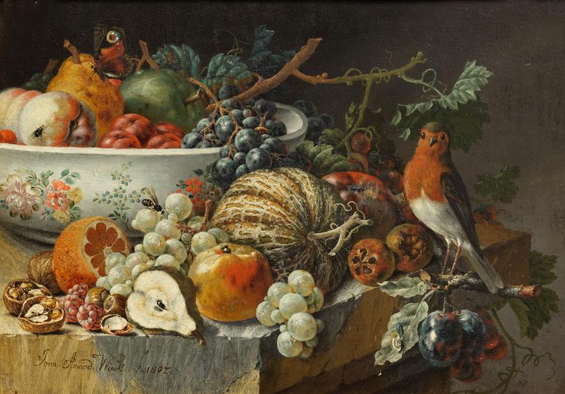 German: Pfirsiche, Birnen, ein Apfel, Pflaumen und Weintrauben in einer Porzellanschale mit weiteren Früchten auf einem Steinsims mit einem Rotkehlchen und verschiedenen Insekten Peaches, pears, an apple, plums and grapes in a porcelain bowl with other fruit on a stone ledge with a Robin and various insects title QS:P1476,de:"Pfirsiche, Birnen, ein Apfel, Pflaumen und Weintrauben in einer Porzellanschale mit weiteren Früchten auf einem Steinsims mit einem Rotkehlchen und verschiedenen Insekten" label QS:Lde,"Pfirsiche, Birnen, ein Apfel, Pflaumen und Weintrauben in einer Porzellanschale mit weiteren Früchten auf einem Steinsims mit einem Rotkehlchen und verschiedenen Insekten" label QS:Len,"Peaches, pears, an apple, plums and grapes in a porcelain bowl with other fruit on a stone ledge with a Robin and various insects"