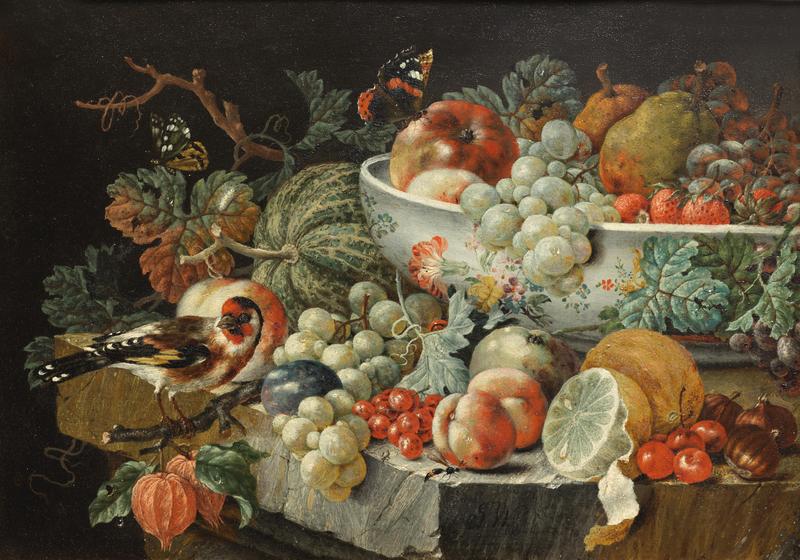 German: Äpfel, Weintrauben, Birnen und Erdbeeren in einer Porzellanschale und andere Früchte auf einem Steinsims mit einem Stieglitz und verschiedenen Insekten Apples, grapes, pears and strawberries in a porcelain bowl and other fruit on a stone ledge with a goldfinch and various insects title QS:P1476,de:"Äpfel, Weintrauben, Birnen und Erdbeeren in einer Porzellanschale und andere Früchte auf einem Steinsims mit einem Stieglitz und verschiedenen Insekten" label QS:Lde,"Äpfel, Weintrauben, Birnen und Erdbeeren in einer Porzellanschale und andere Früchte auf einem Steinsims mit einem Stieglitz und verschiedenen Insekten" label QS:Len,"Apples, grapes, pears and strawberries in a porcelain bowl and other fruit on a stone ledge with a goldfinch and various insects"