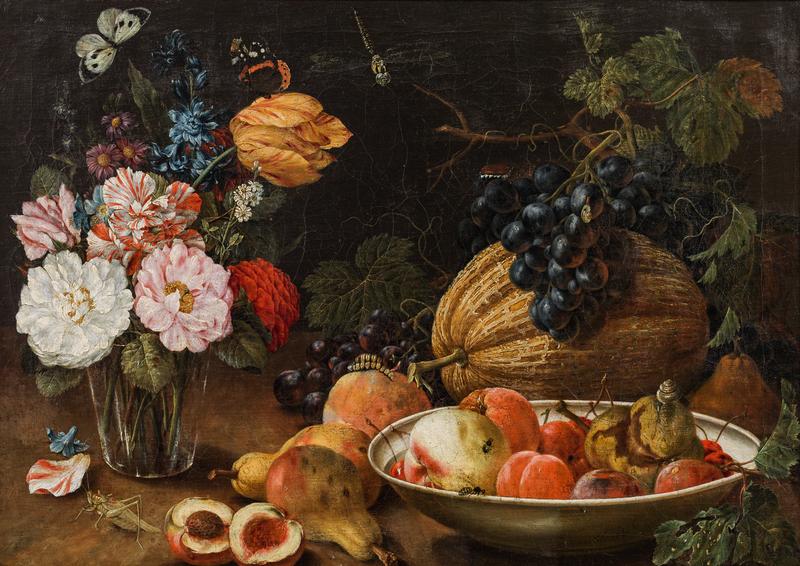 Fruit still life with flowers and insects label QS:Len,"Fruit still life with flowers and insects" label QS:Lde,"Früchtestillleben mit Blumen und Insekten"