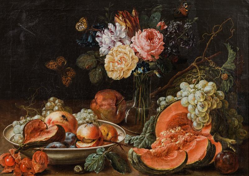 Fruit still life with flowers and insects label QS:Len,"Fruit still life with flowers and insects" label QS:Lde,"Früchtestillleben mit Blumen und Insekten"