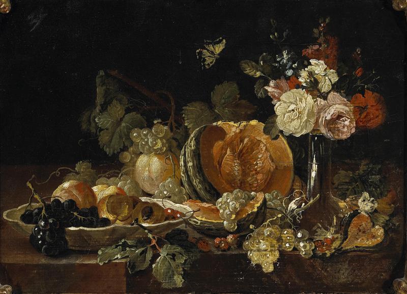 A still life with flowers in a glass vase, a lemon, cherries and other fruit in a porcelain vase with butterflies and other fruit on a ledge label QS:Len,"A still life with flowers in a glass vase, a lemon, cherries and other fruit in a porcelain vase with butterflies and other fruit on a ledge" label QS:Lde,"Ein Stillleben mit Blumen in einer Glasvase, eine Zitrone, Kirschen und andere Früchte in einer Porzellanschale mit Schmetterlingen und weiteren Früchten auf einem Sims"