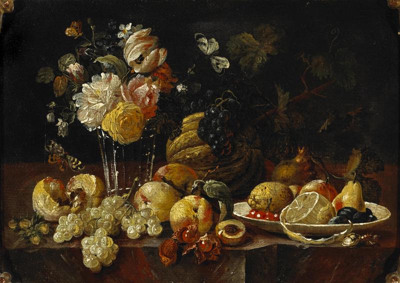 A still life with flowers in a glass vase, a lemon, cherries and other fruit in a porcelain vase with butterflies and other fruit on a ledge label QS:Len,"A still life with flowers in a glass vase, a lemon, cherries and other fruit in a porcelain vase with butterflies and other fruit on a ledge" label QS:Lde,"Ein Stillleben mit Blumen in einer Glasvase, eine Zitrone, Kirschen und andere Früchte in einer Porzellanschale mit Schmetterlingen und weiteren Früchten auf einem Sims"